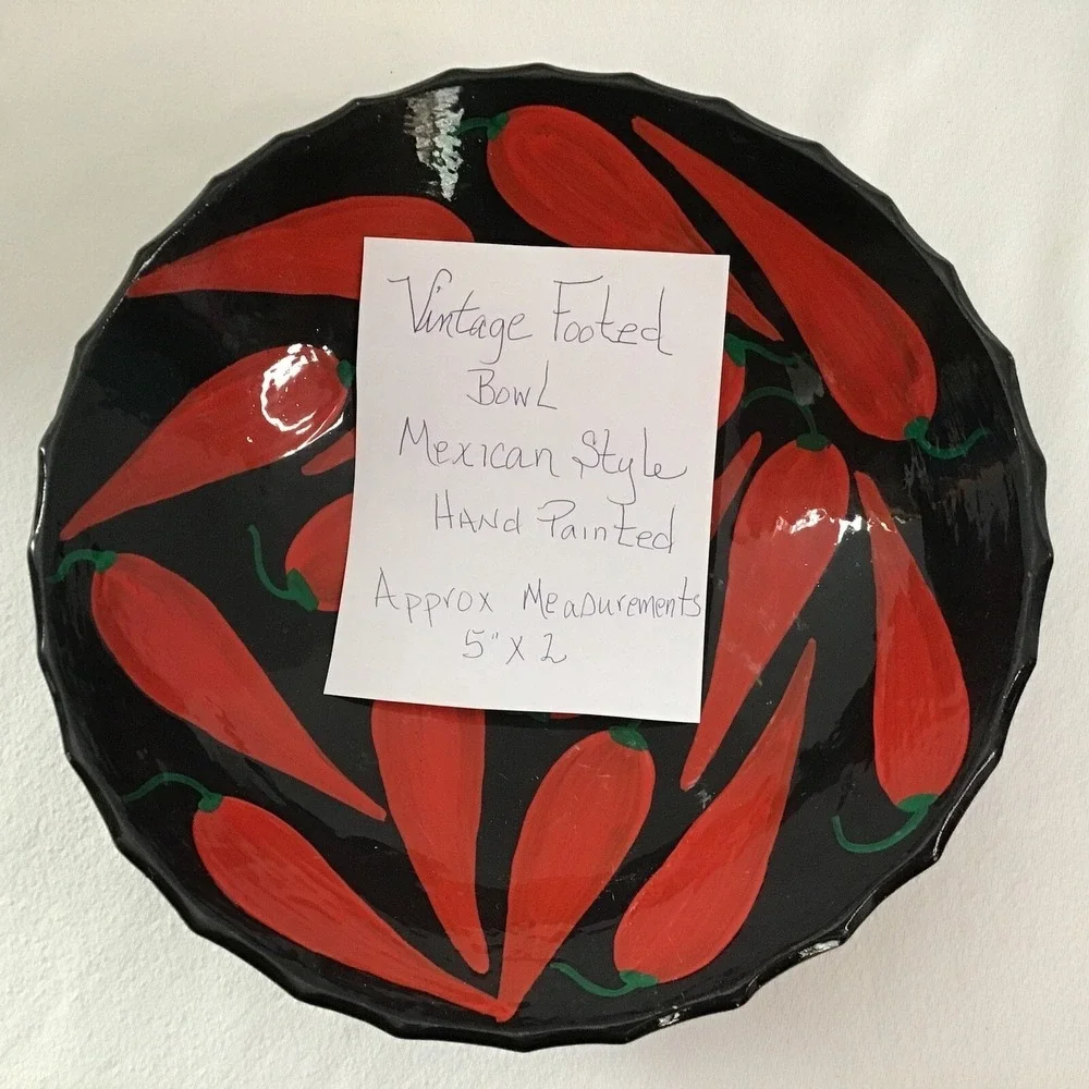 Vintage Mexican‎ Style Footed Bowl Hand Painted Red Chili Pepper Black Ceramic